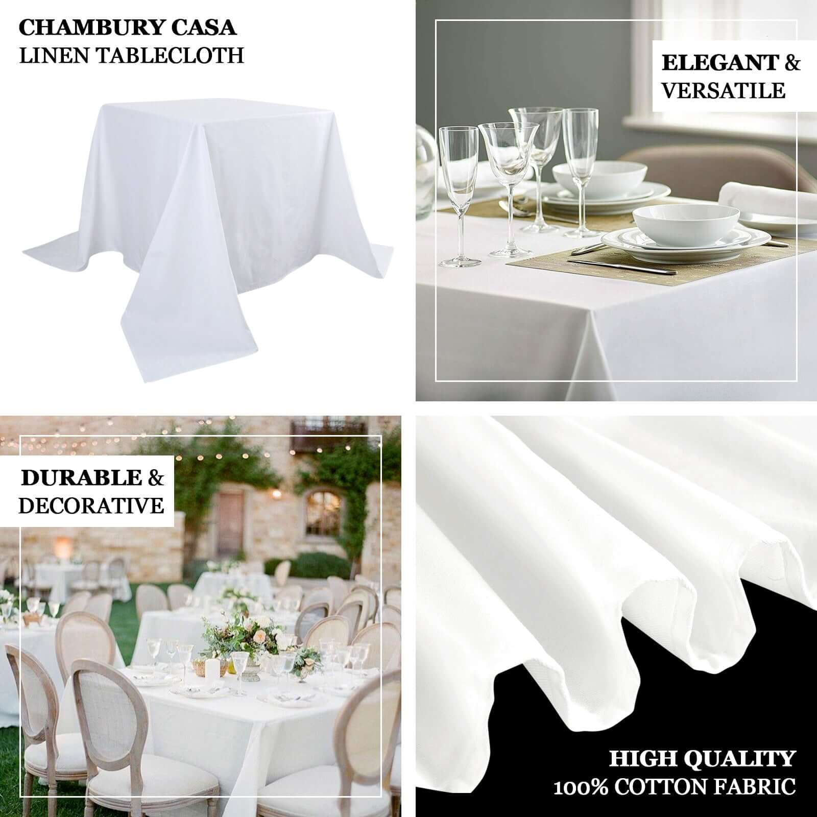 100% Cotton 90"x90" Table Overlay Square Tablecloth White Linen - Sophisticated, Soft & Breathable Fabric Table Cover