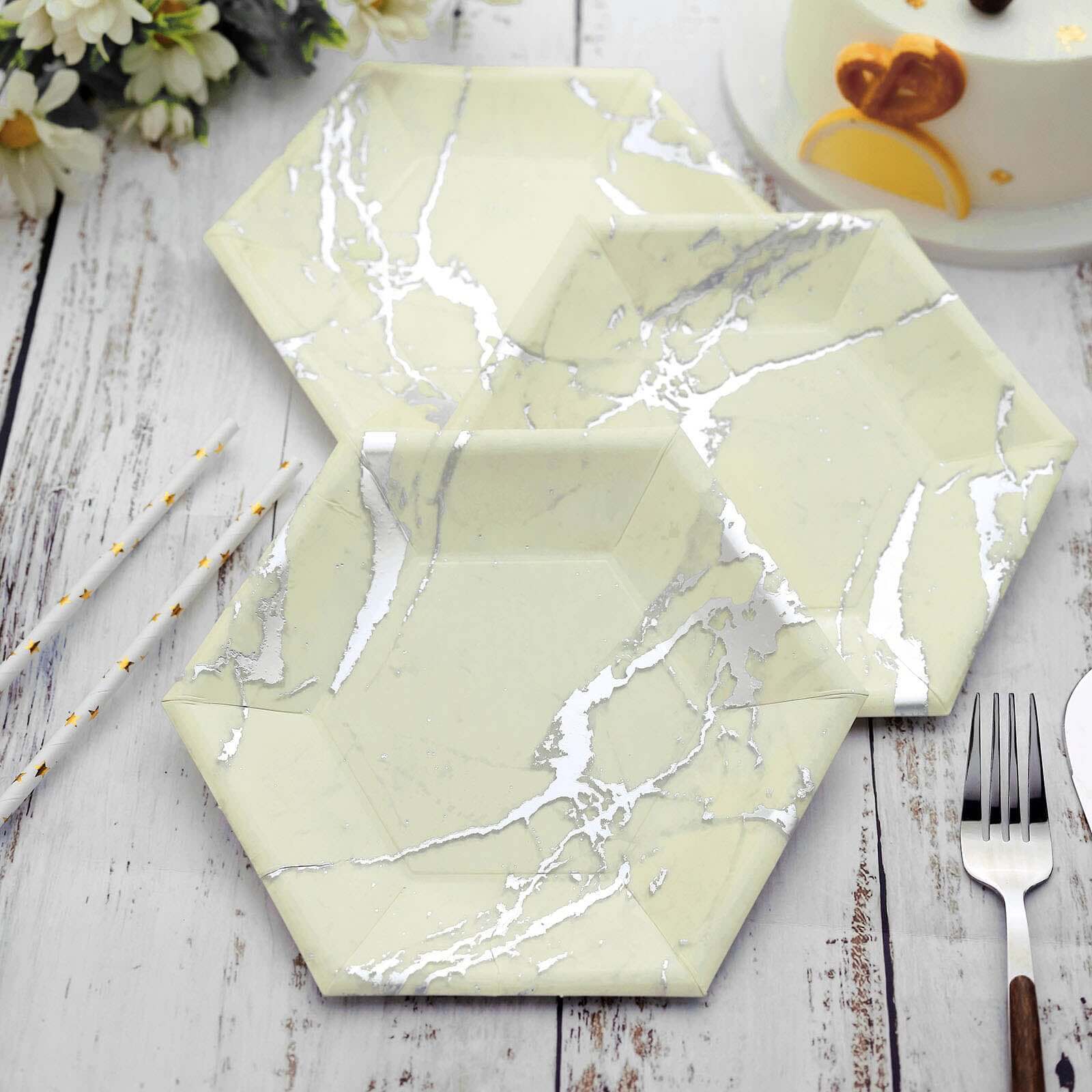 25-Pack Paper 8.5" Hexagon Dessert Plates in Ivory with Silver Marble Design - Disposable Geometric 400GSM Appetizer Salad Plates for Events & Banquets