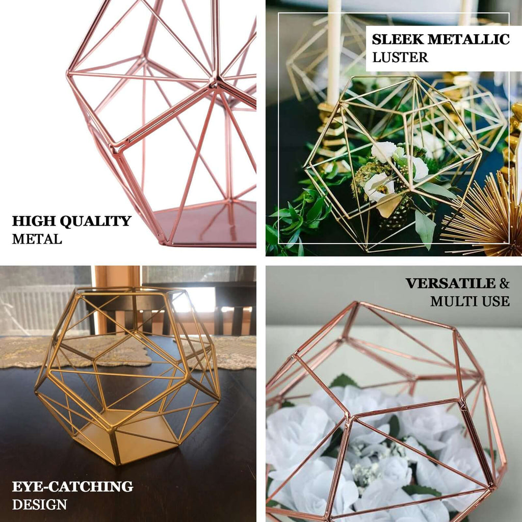 Tealight Candle Holder Gold Metal Pentagon Prism Geometric Open Frame - Flower Stand 7"