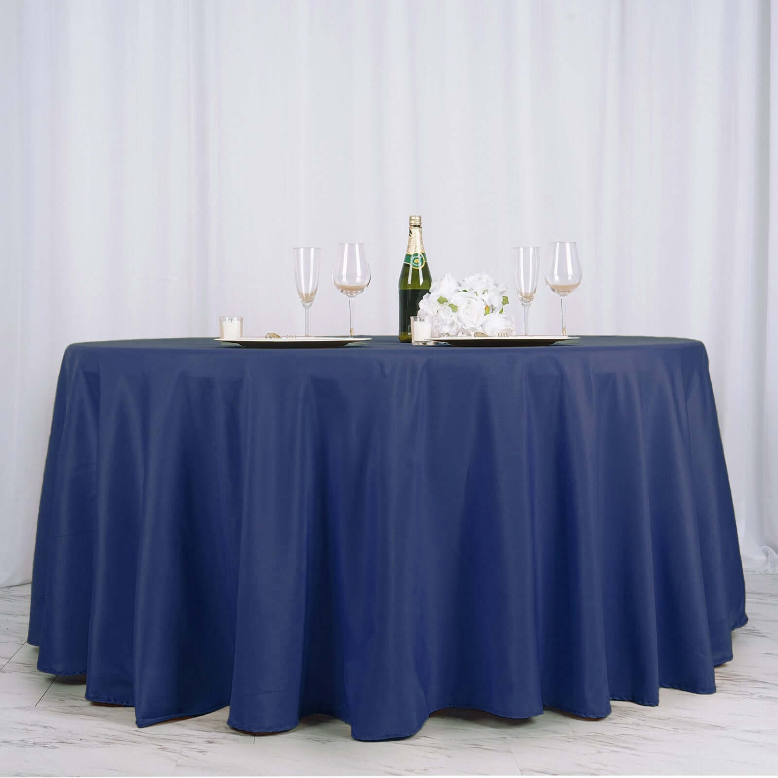 Polyester 132" Round Tablecloth Navy Blue - Seamless Chic Table Cover