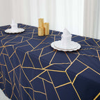 Polyester 90"x132" Rectangle Tablecloth Navy Blue with Gold Foil Geometric Pattern - Wrinkle-Resistant Seamless Table Cover
