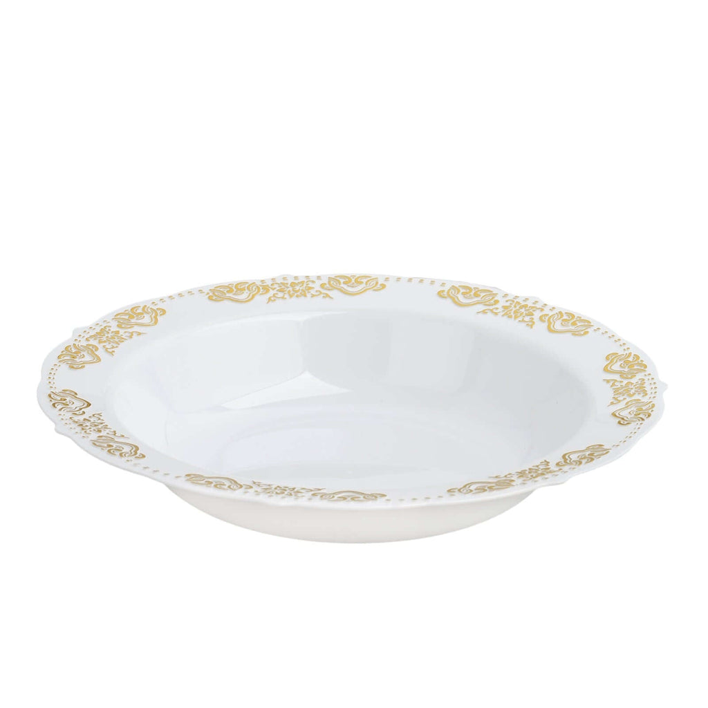 10-Pack Plastic Round Soup Bowl in White with Gold Embossed Scalloped Rim - Sturdy Disposable Salad Dessert Bowls for Catering & Events 12oz