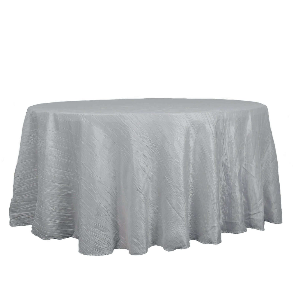 Taffeta 120" Round Tablecloth Silver - Seamless Accordion Crinkle Table Cover