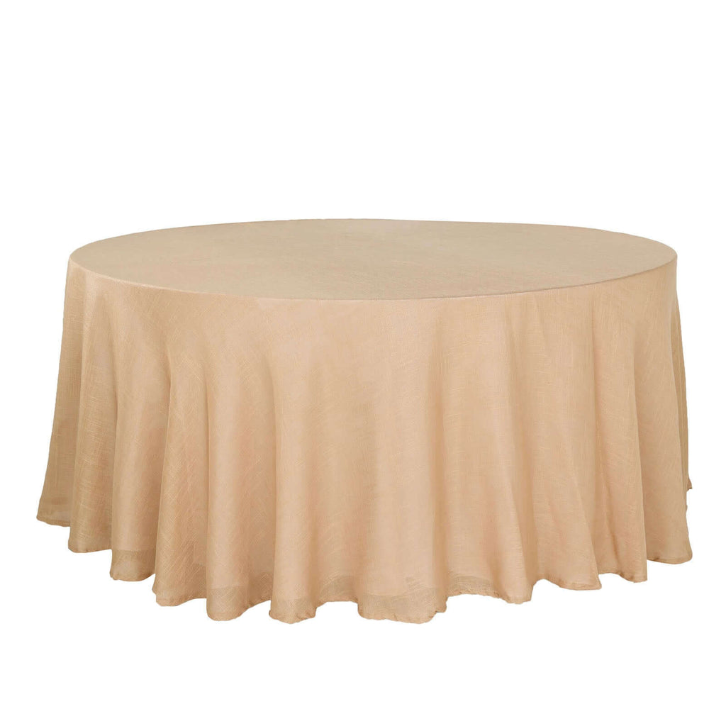 Faux Linen 120" Round Tablecloth Natural - Slubby Texture Wrinkle-Resistant Seamless Table Cover