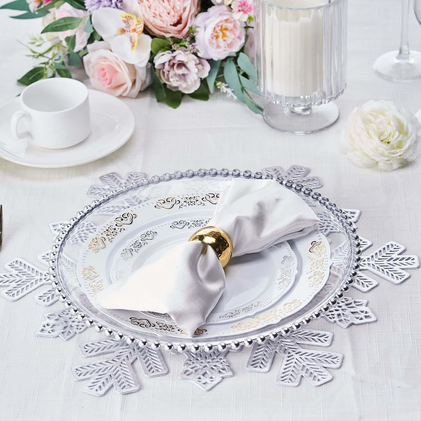 6-Pack Dining Table Mats Snowflake Design Silver - Vinyl Non-Slip Surface for Winter Decor 18"