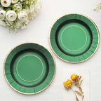 25-Pack Paper 8" Round Dessert Plates in Hunter Emerald Green Sunray Design with Gold Rim - Disposable Heavy Duty 350GSM Appetizer Salad Plates