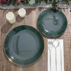 10-Pack Plastic 8" Round Dessert Plates in Hunter Emerald Green with Gold Rim - Glossy Disposable Appetizer Salad Plates