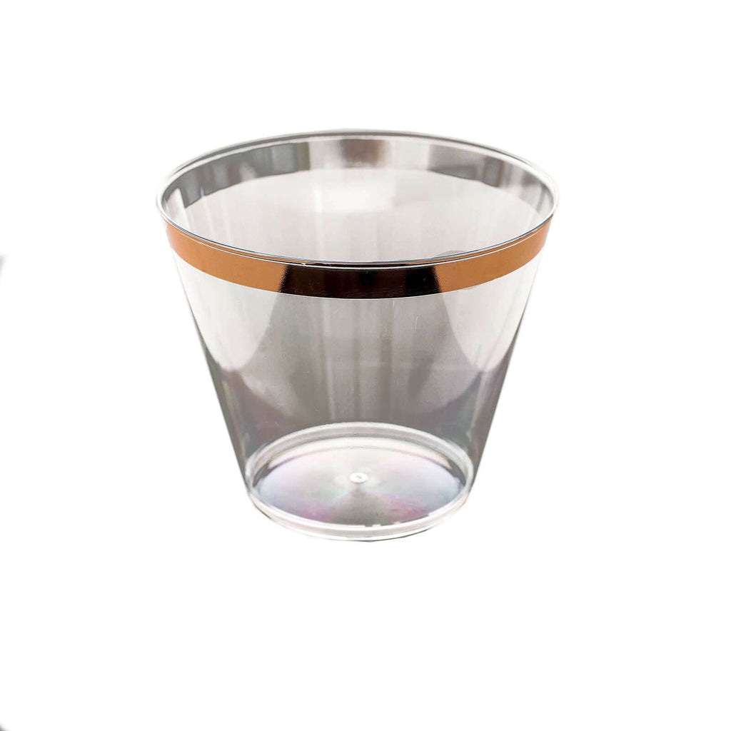 12-Pack Plastic Party Squat Cups Clear with Rose Gold Rim - Stylish Disposable Tumblers for Banquets & Special Occasions 10oz