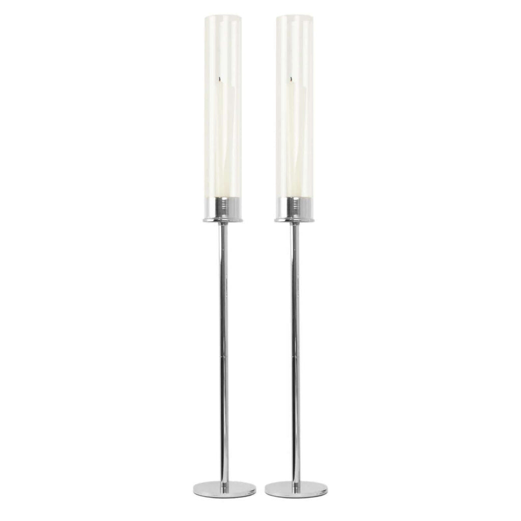 2-Pack Silver Metal Taper Candlestick Holders, Clear Glass Hurricane Candle Stands With Chimney Candle Shades 24"