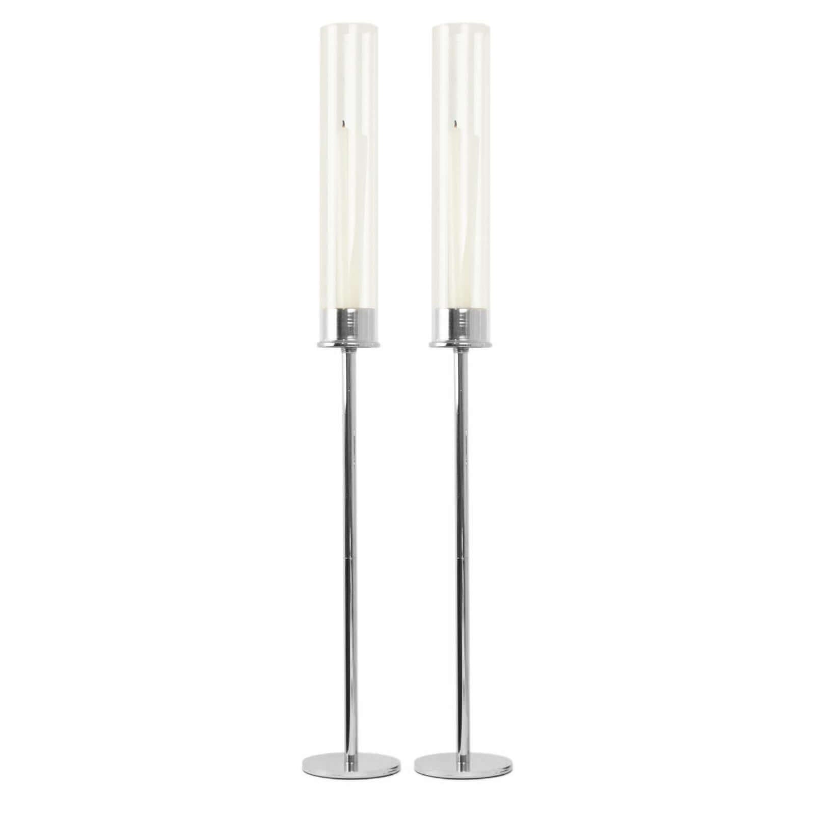 2-Pack Silver Metal Taper Candlestick Holders, Clear Glass Hurricane Candle Stands With Chimney Candle Shades 24"