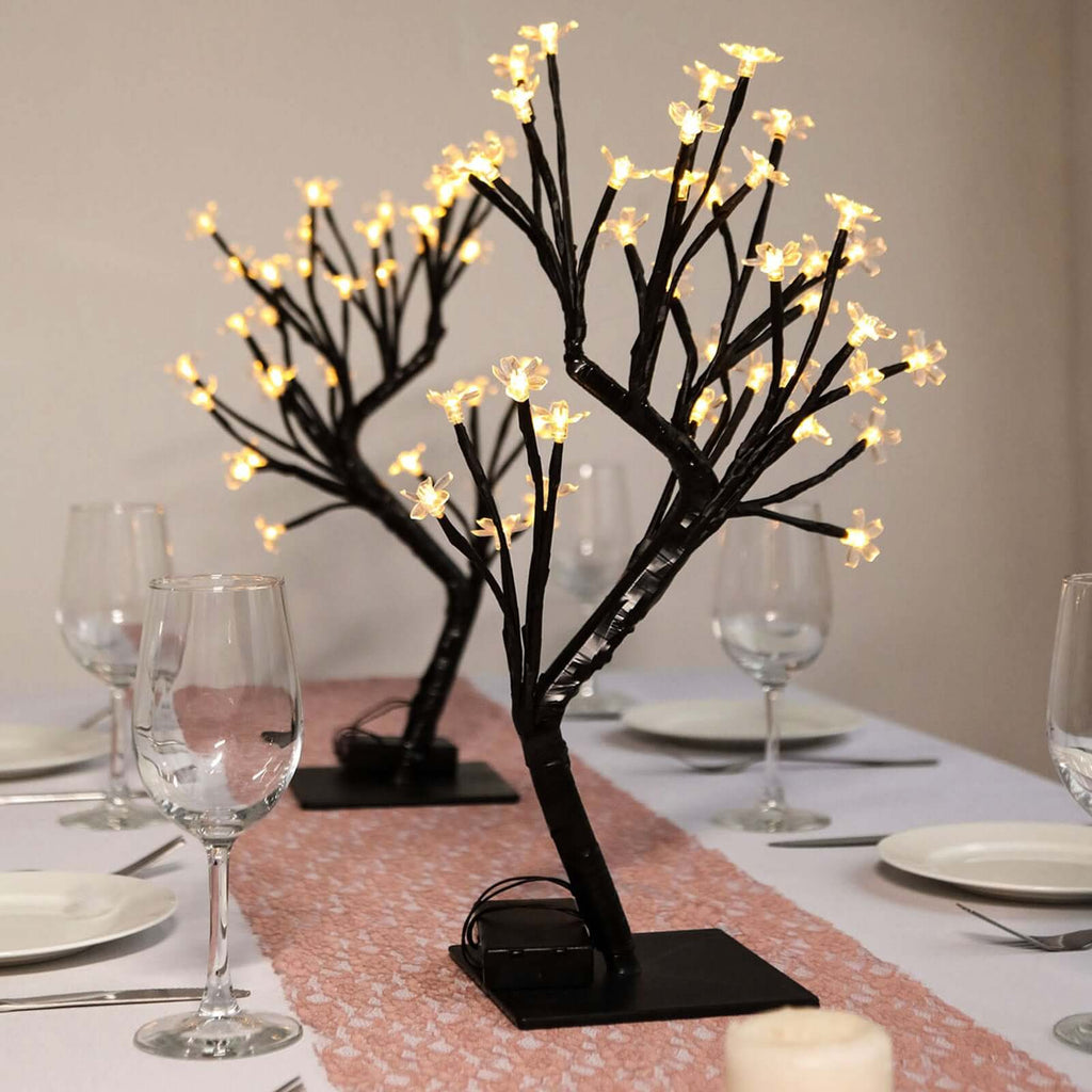 2-Pack Artificial Tree Centerpieces Cherry Blossom Design Black with 36 Warm White LEDs - Battery Operated Table DÃ©cor