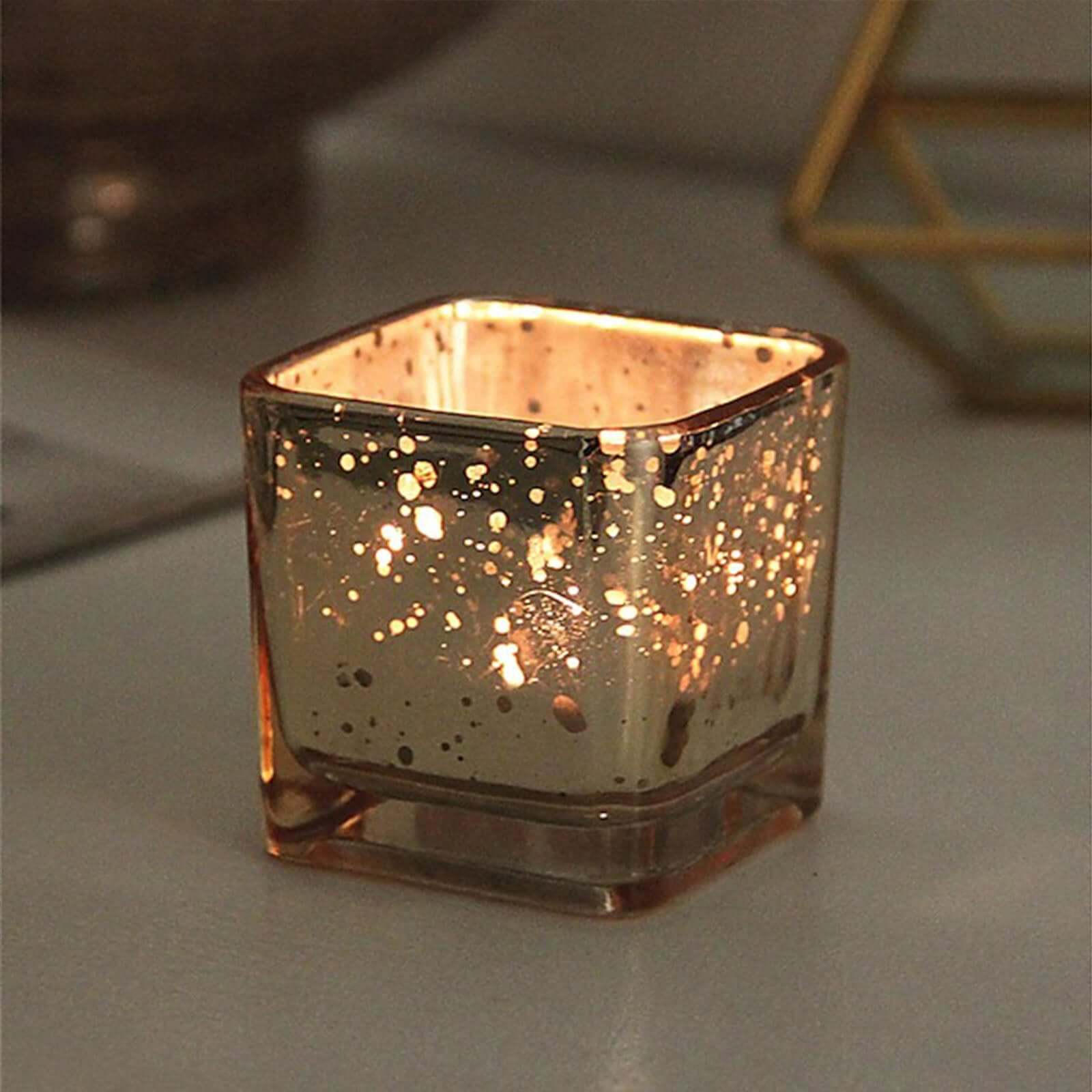 12-Pack Mercury Glass Candle Holders Gold with Speckled Design - Square Votive Tealight Holders 2"