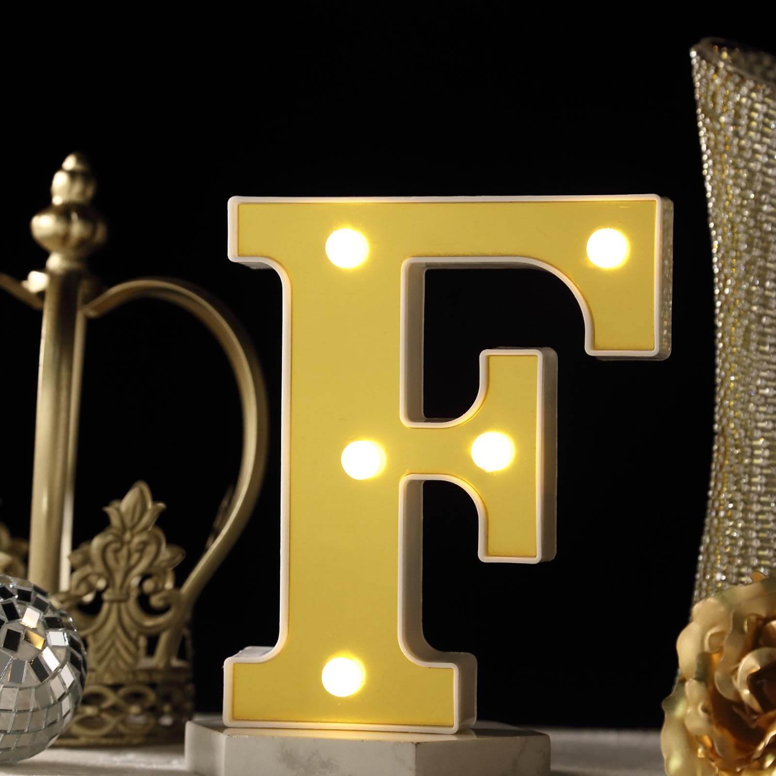 3D Marquee Letter "F" Warm White 5 LED Lights Gold - Chic Light-Up Decor for Events 6"