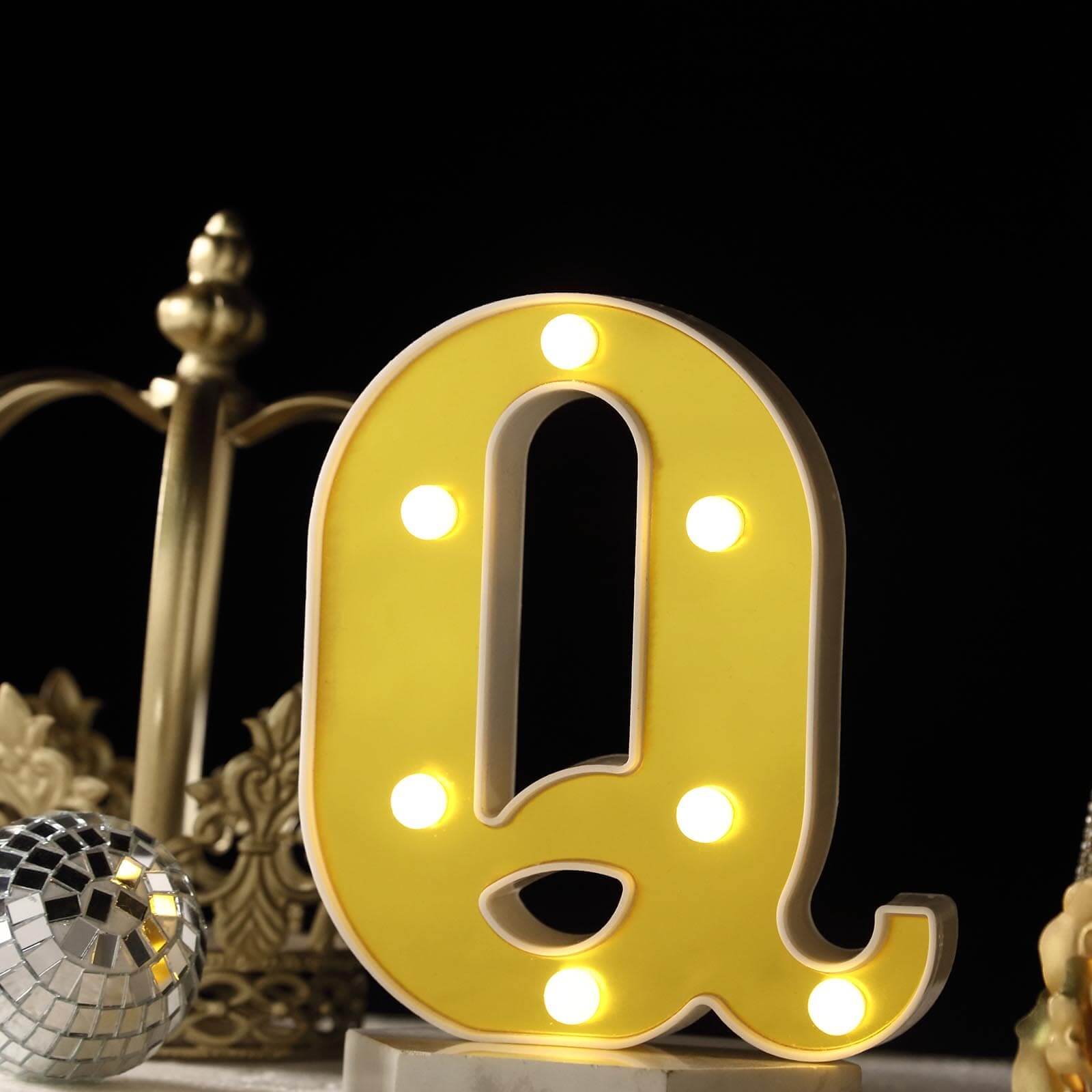 3D Marquee Letter "Q" Warm White 7 LED Lights Gold - Chic Light-Up Decor for Events 6"