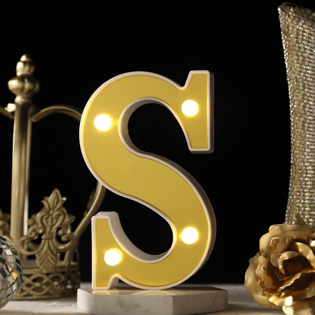 3D Marquee Letter "S" Warm White 4 LED Lights Gold - Chic Light-Up Decor for Events 6"
