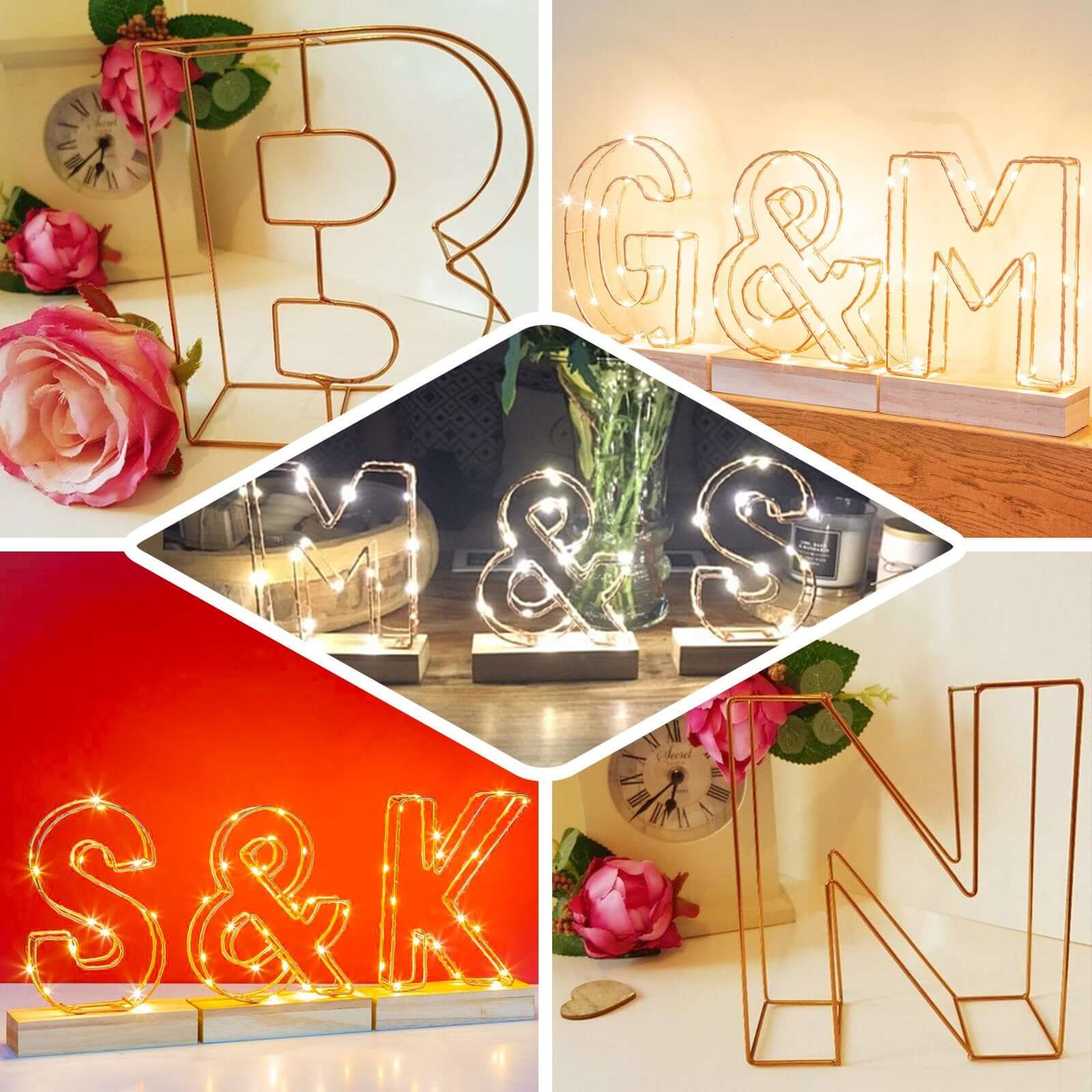 8" Tall Gold Freestanding 3D Decorative Wire Letter, Wedding Centerpiece - U