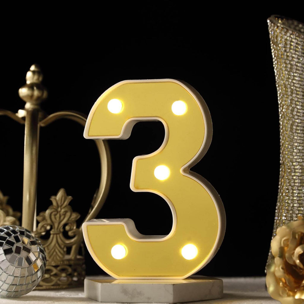 3D Marquee Number "3" Warm White 5 LED Lights Gold - Stylish Light-Up Accent for Events 6"