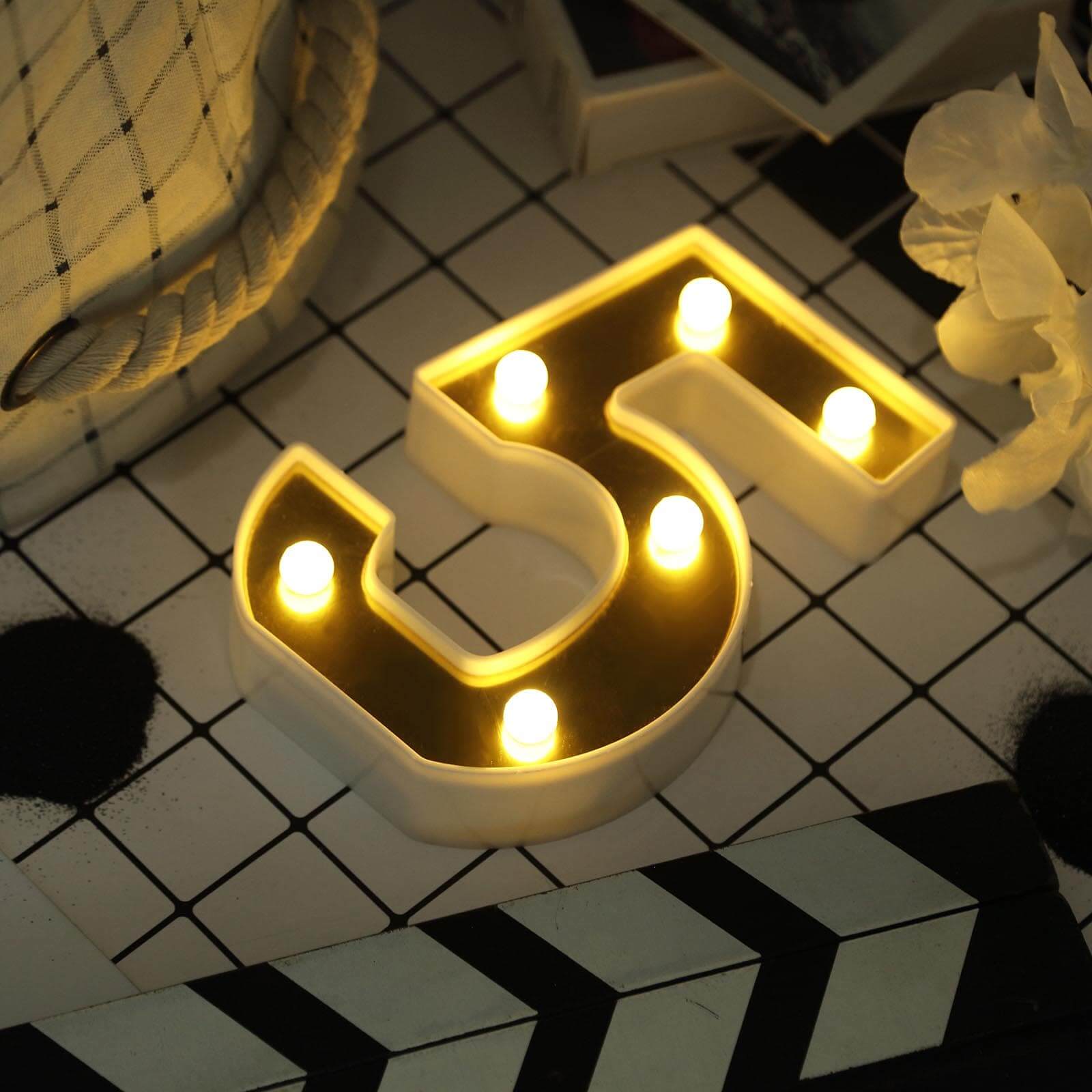 3D Marquee Number "5" Warm White 6 LED Lights Gold - Stylish Light-Up Accent for Events 6"