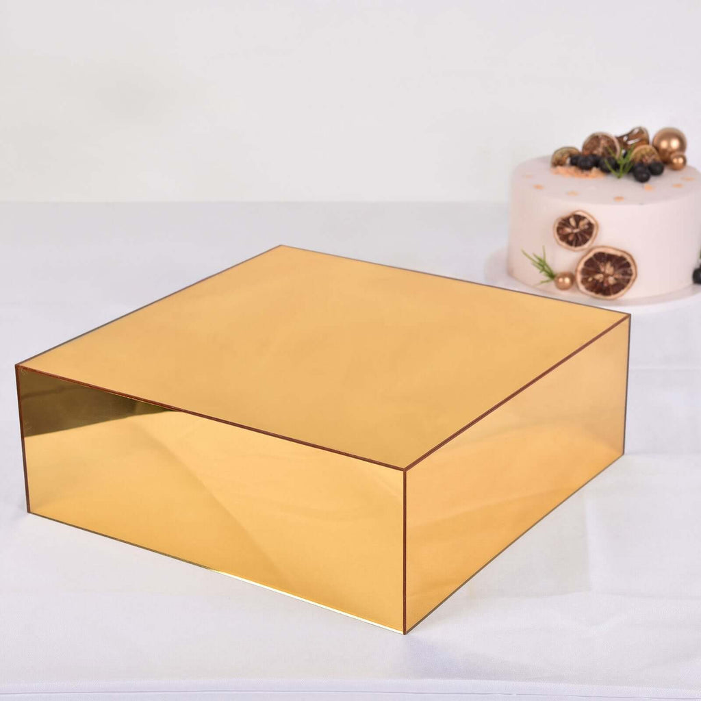 Acrylic Cake Box Stand Pedestal Riser Mirror Finish Gold - Display for Desserts and Events 14"x14"