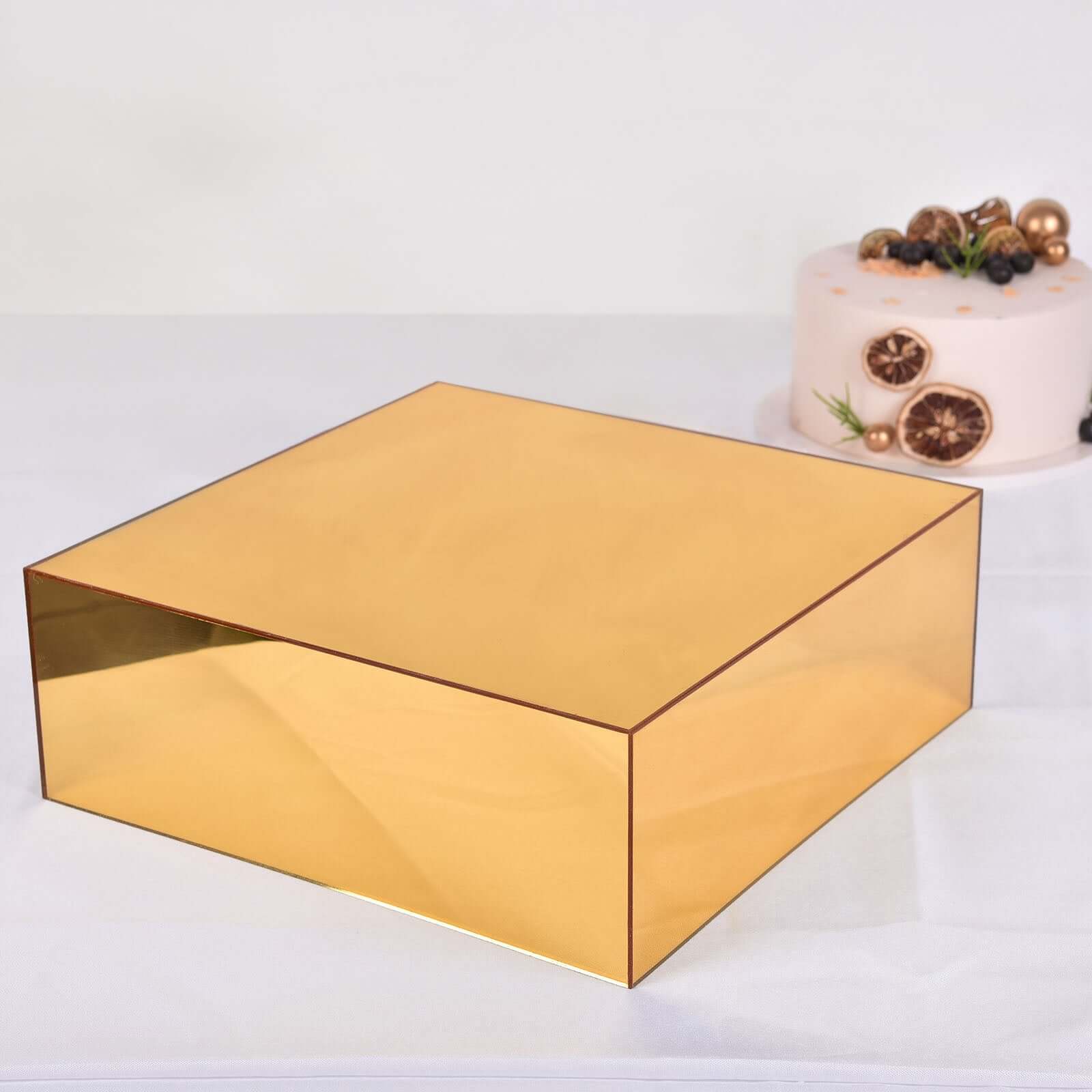 Acrylic Cake Box Stand Pedestal Riser Mirror Finish Gold - Display for Desserts and Events 14"x14"