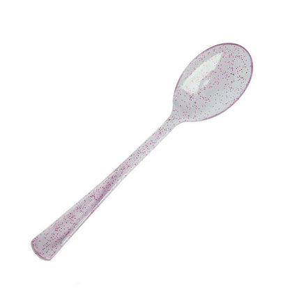 25-Pack Plastic Spoons Transparent Blush Glitter Classic Heavy Duty - Decorative Disposable Tableware 7"