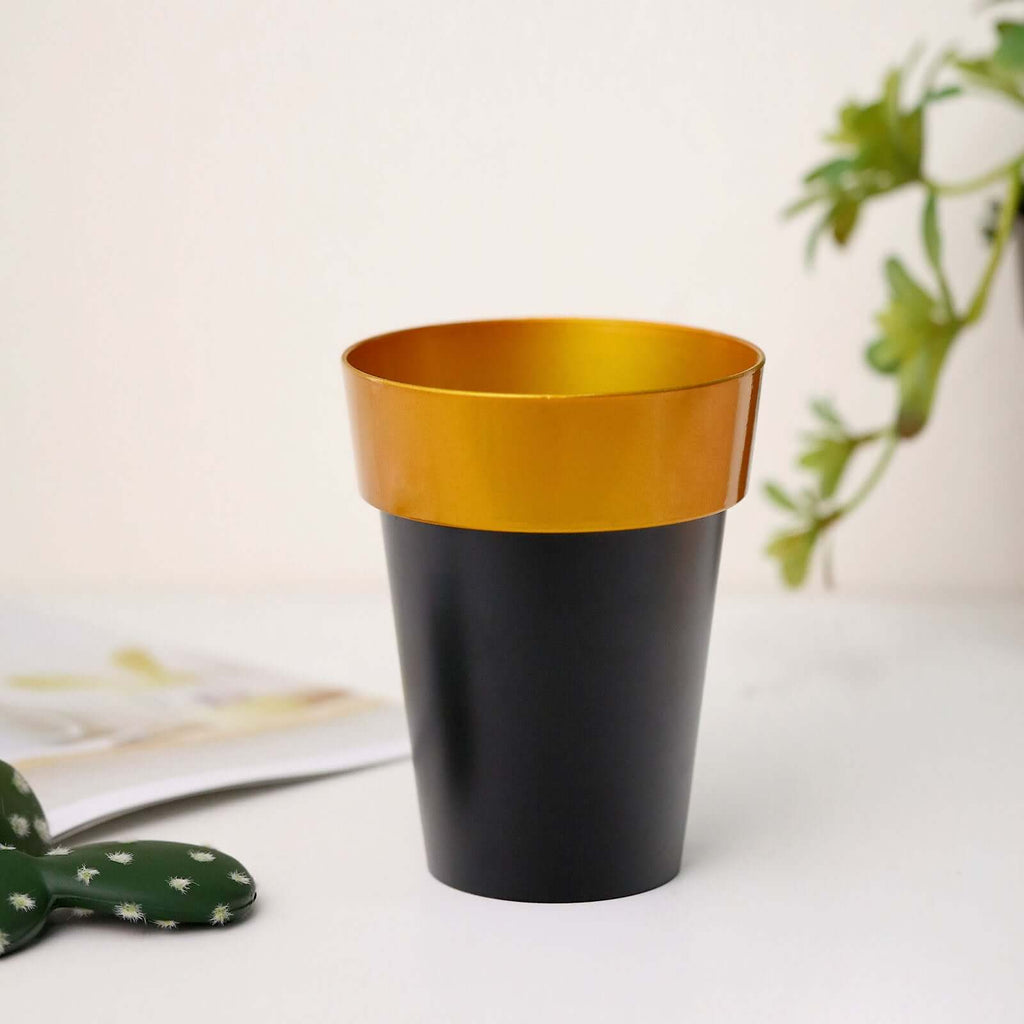 2-Pack Flower Plant Pots Medium Design Black with Gold Rim - Plastic Indoor Decorative Planters 6"