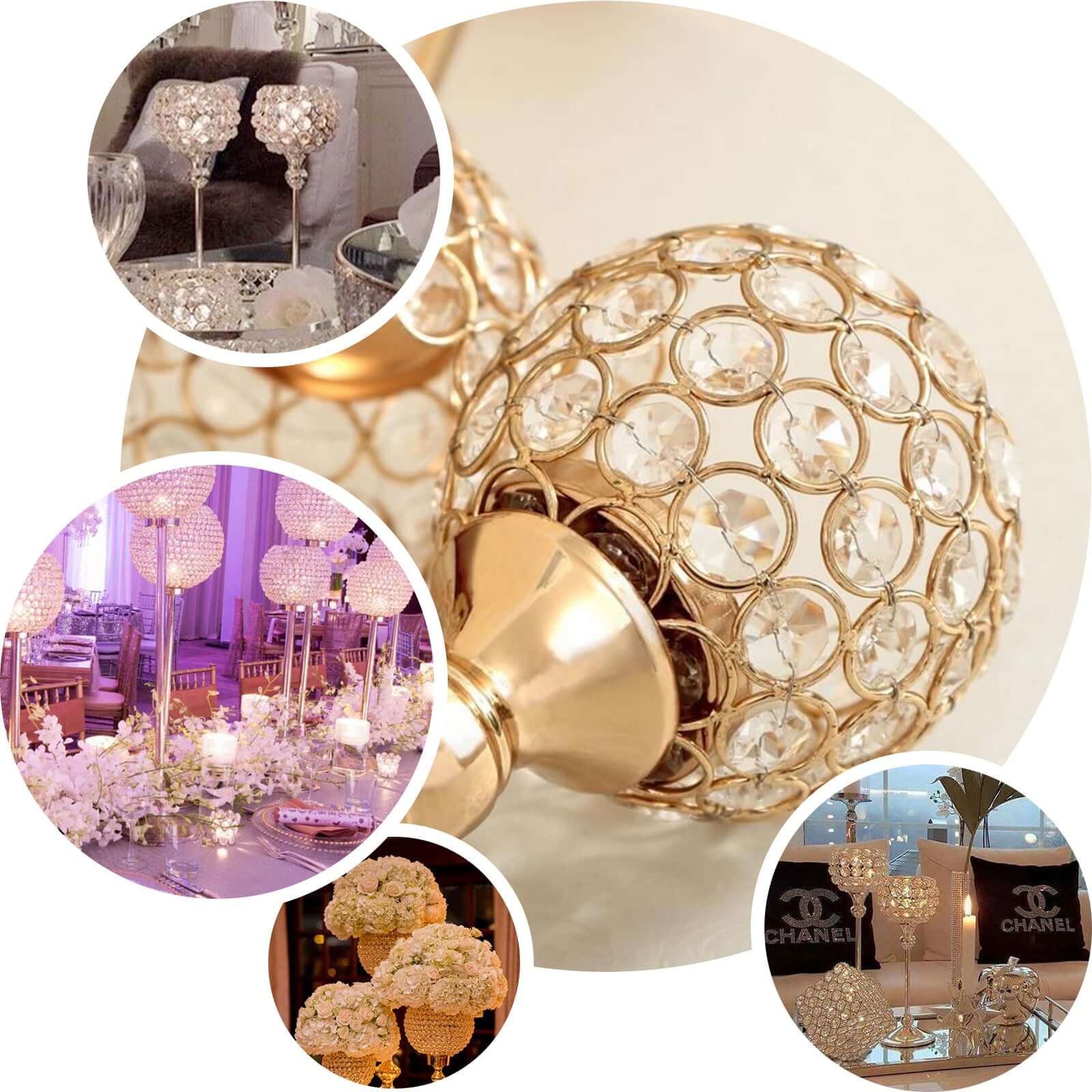 Crystal Votive Pillar Holder Metal 16" Gold - Chic Round Tealight Stand for Events