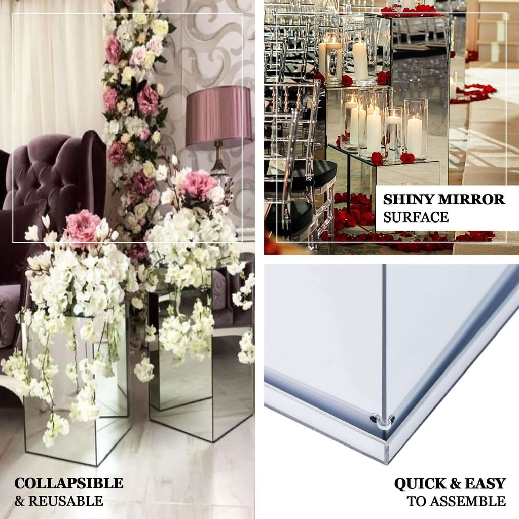 40" Floor Standing Silver Mirror Finish Acrylic Display Box, Pedestal Riser with Interchangeable Lid and Base