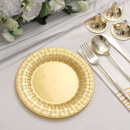 10 Pack 7" Gold Basketweave Rim Plastic Salad Dessert Plates, Round Disposable Appetizer Plates
