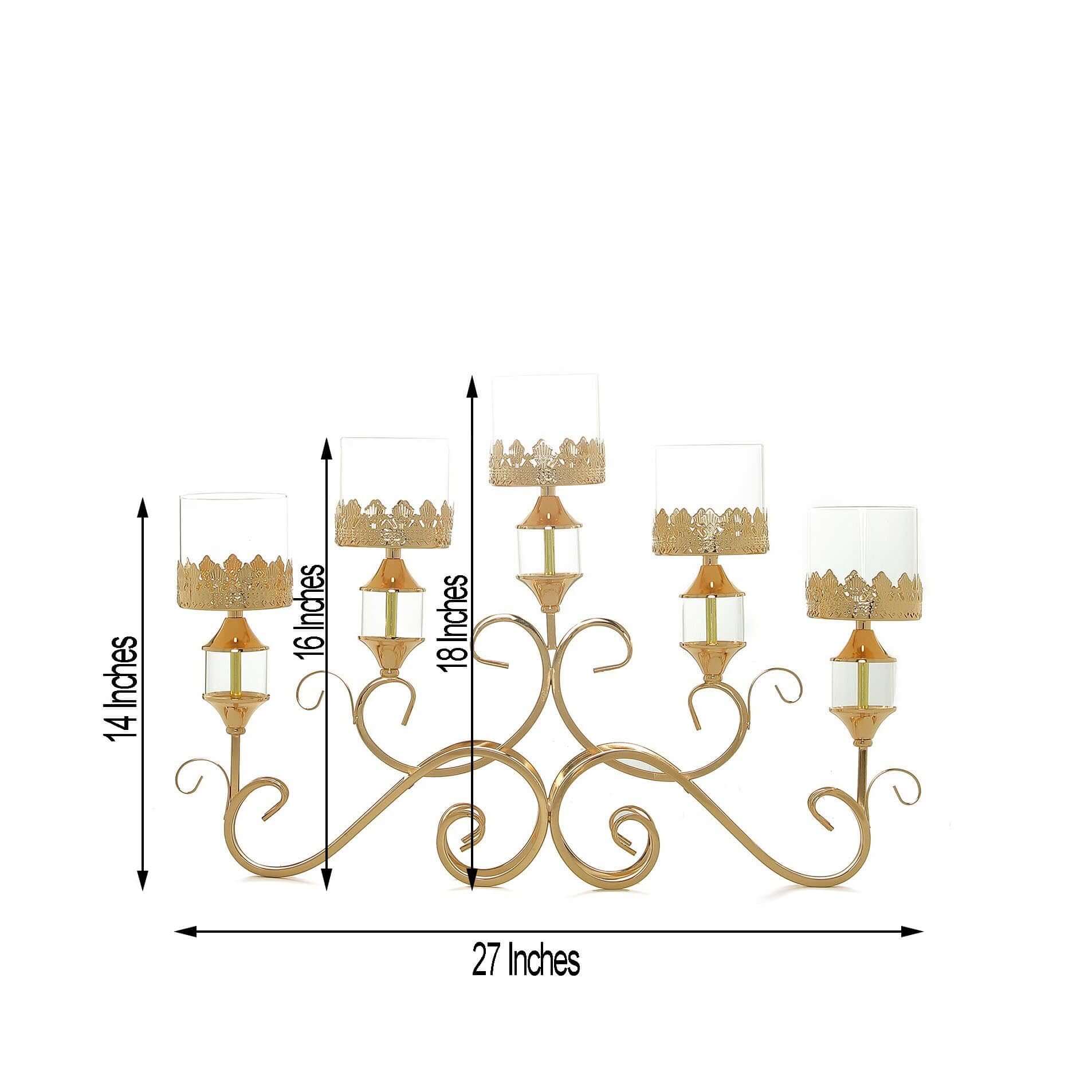 5-Arm Metal Table Candelabra Antique Gold Crown Top Design - Stylish Horizontal Table Centerpiece with Glass Votive Holders 18"