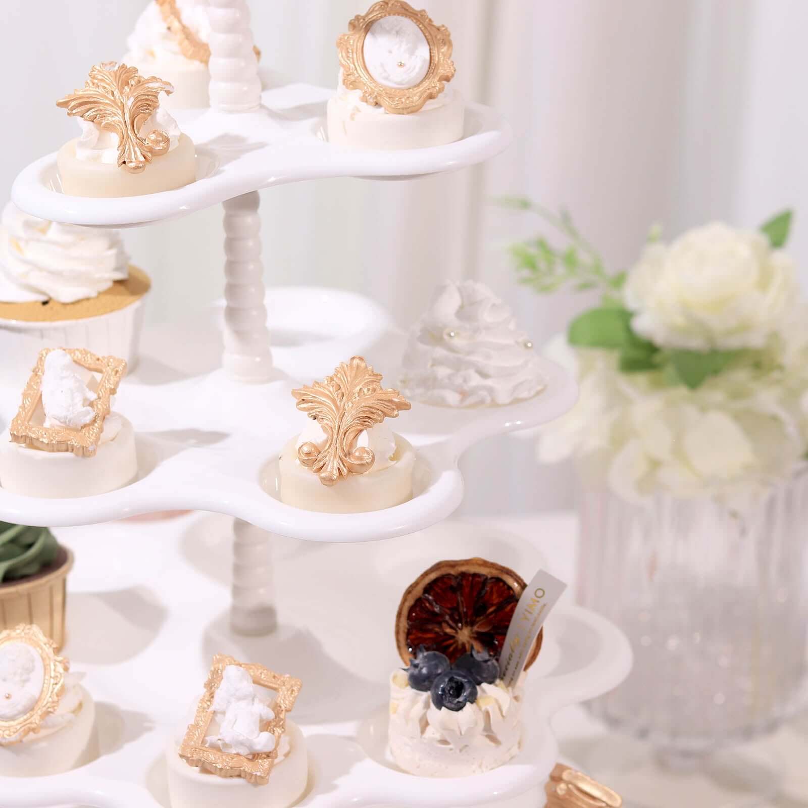 5-Tier Plastic Cupcake Holder Stand White - Dessert Tower with Scalloped Edge Design Versatile Display for Sweet Treats 18"