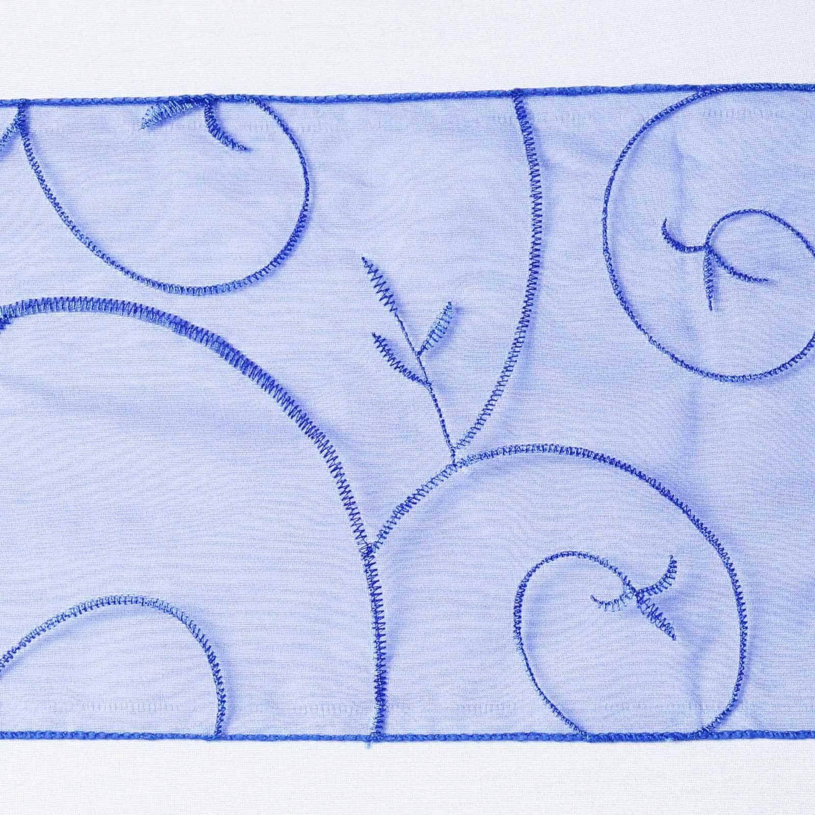 5 Pack Organza Chair Sashes with Satin Leaf Embroidery Royal Blue - Reusable Sheer Design 7"x108"