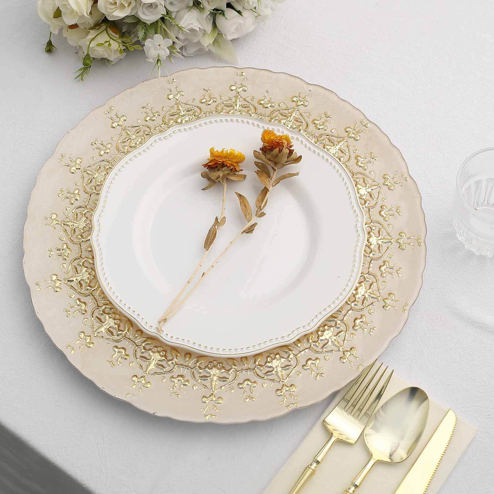 8-Pack Glass Round Charger Plates 13" in Gold with Monaco Style Ornate Design, Classy Decorative Dinner Chargers