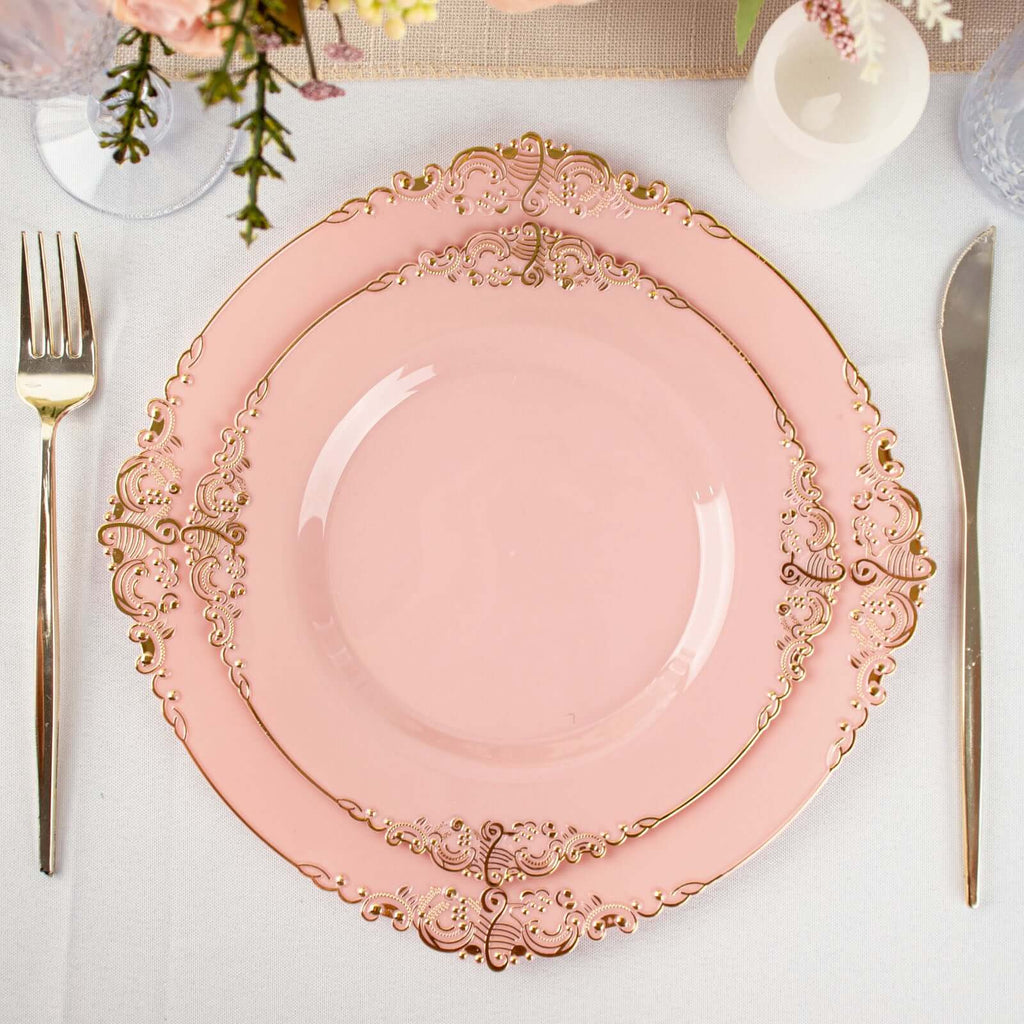 10-Pack Plastic 8" Round Dessert Plates in Dusty Rose with Gold Leaf Embossed Rim - Disposable Vintage Baroque Style Salad Plates