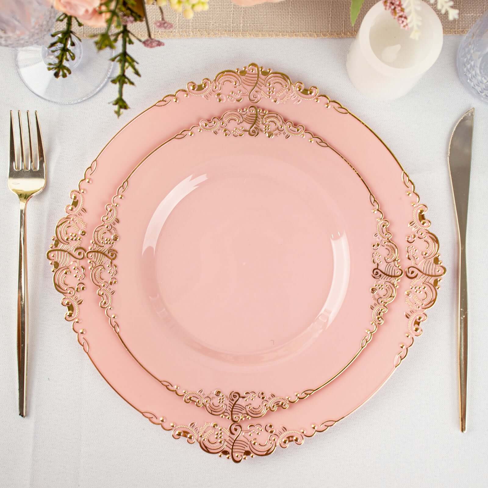 10-Pack Plastic 8" Round Dessert Plates in Dusty Rose with Gold Leaf Embossed Rim - Disposable Vintage Baroque Style Salad Plates