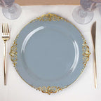 10-Pack Plastic 10" Round Dinner Plates in Dusty Blue with Gold Leaf Embossed Rim - Disposable Vintage Baroque Style Plates