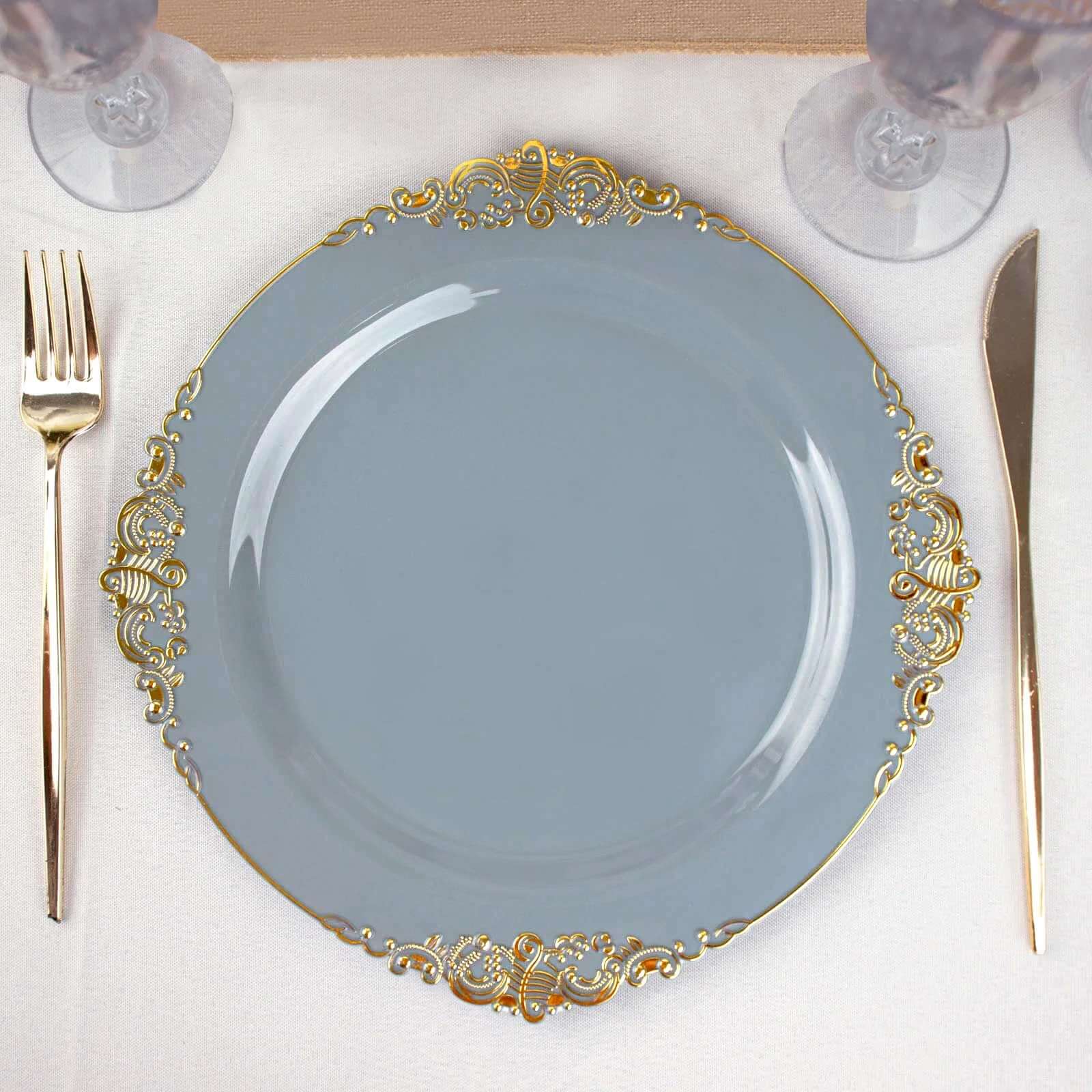 10-Pack Plastic 10" Round Dinner Plates in Dusty Blue with Gold Leaf Embossed Rim - Disposable Vintage Baroque Style Plates