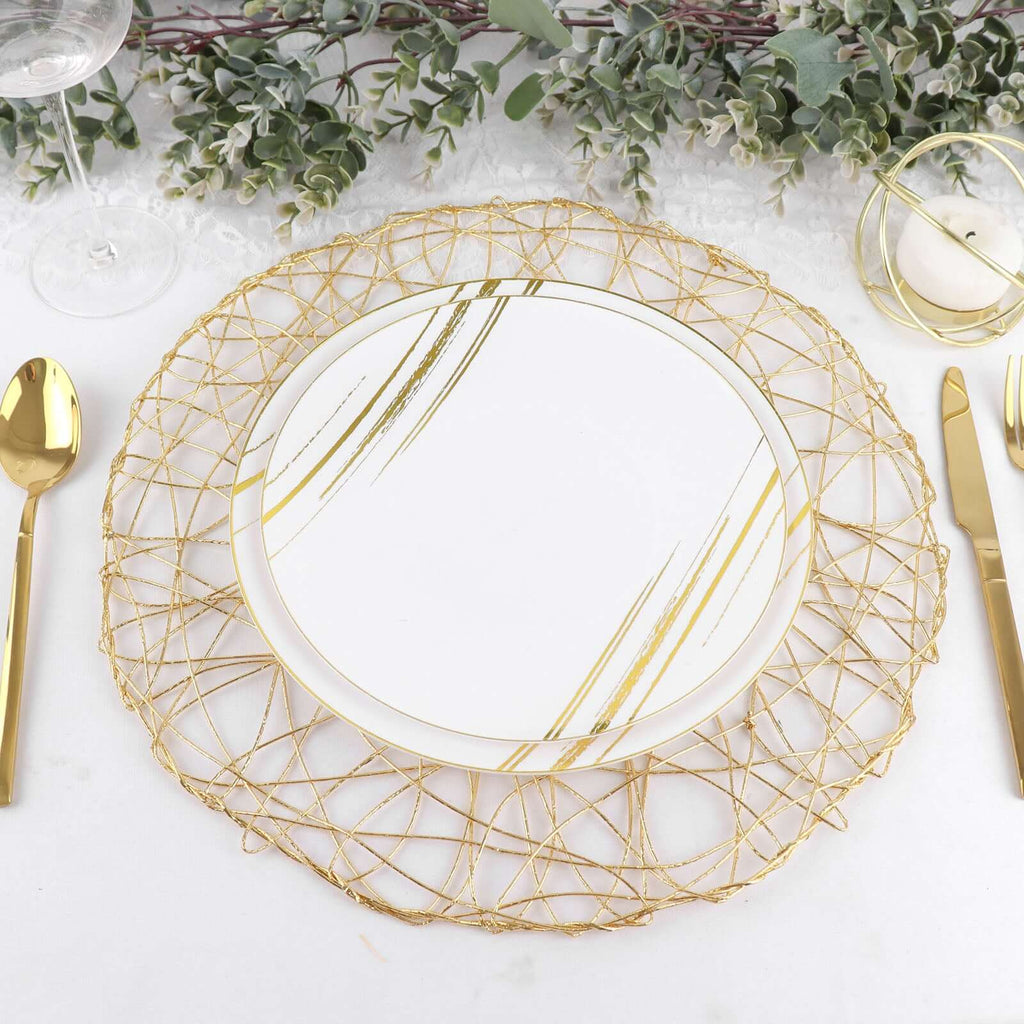 6-Pack Table Placemats Woven Fiber Design Gold Round - Disposable Mats for Dining and Events 15"