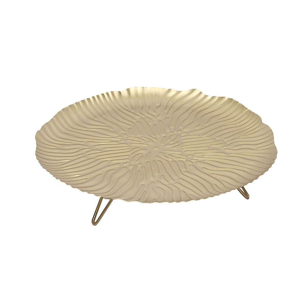 Metal Round Serving Tray 12" in Gold Floral Pattern with Wavy Rim, Pedestal Dessert Display with Hairpin Legs