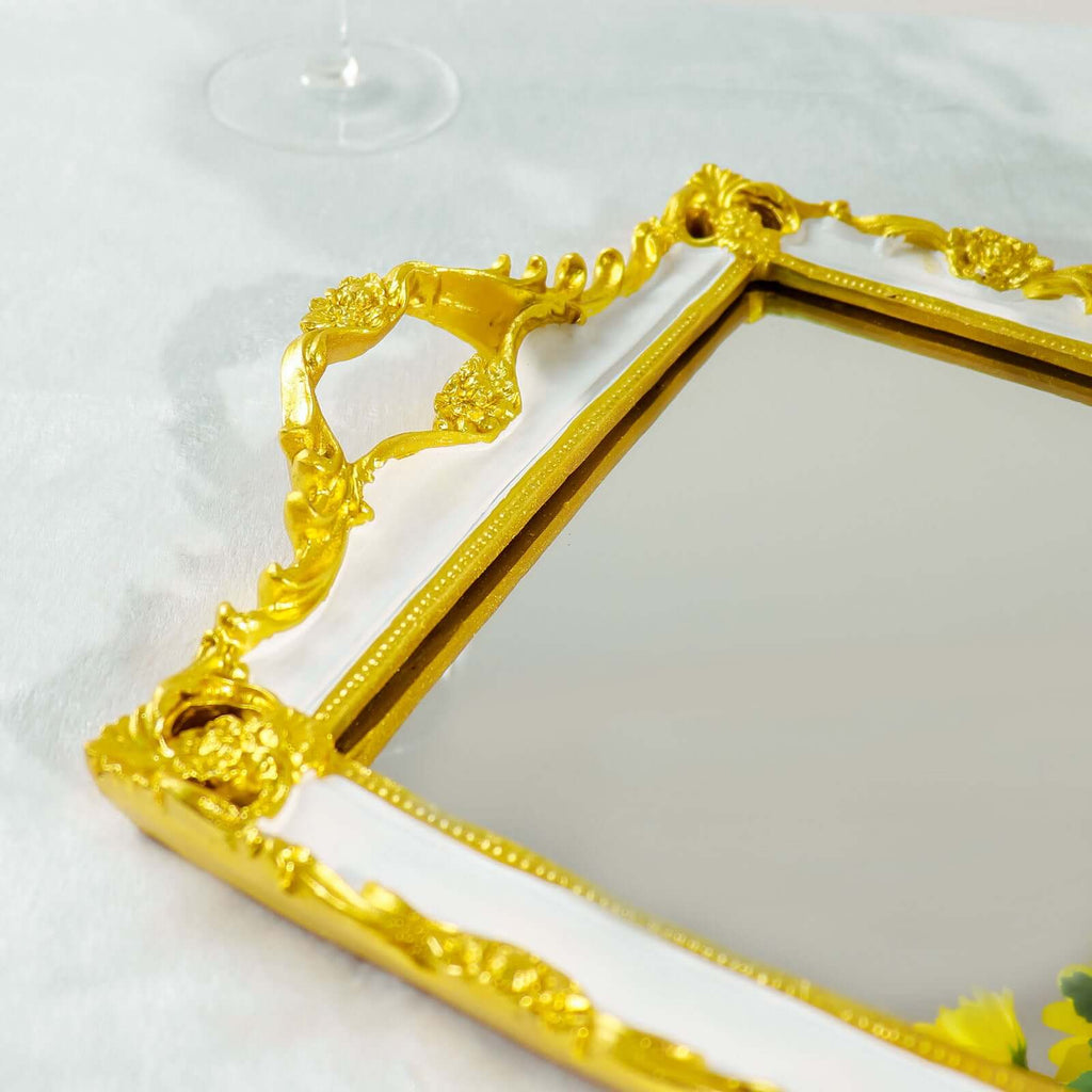 Resin Mirrored Rectangle Serving Tray 15"x10" in White with Gold Baroque Design, Stylish Decorative Vanity Tray Centerpiece