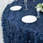 Taffeta 132" Round Tablecloth Navy Blue | 3D Leaf Petal Design Seamless Table Cover