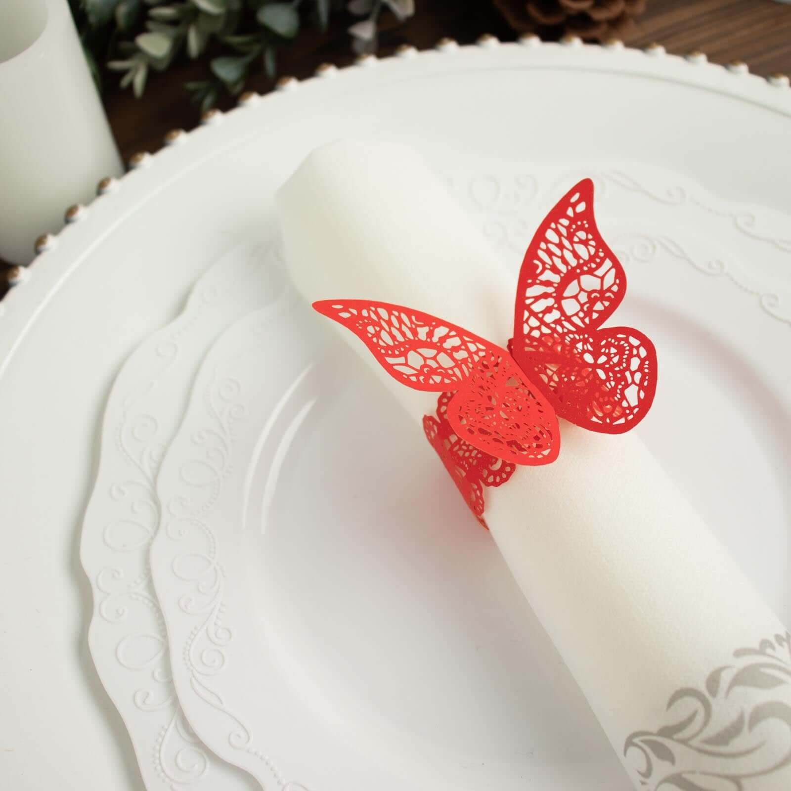 12-Pack Paper Napkin Rings Laser Cut Butterfly Red Shimmery - Decorative Serviette Holders