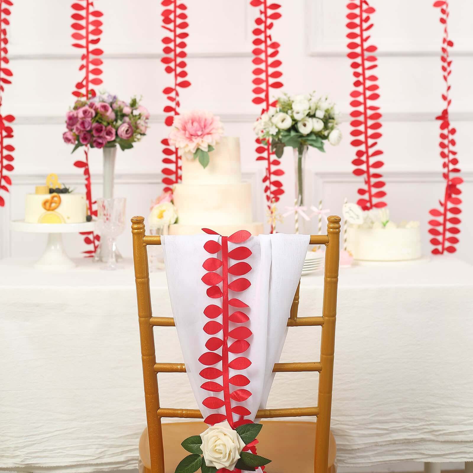 Taffeta Ribbon Sash with 4" Leaf Petal Design Red 50ft - Sophisticated Artificial Fabric Garland