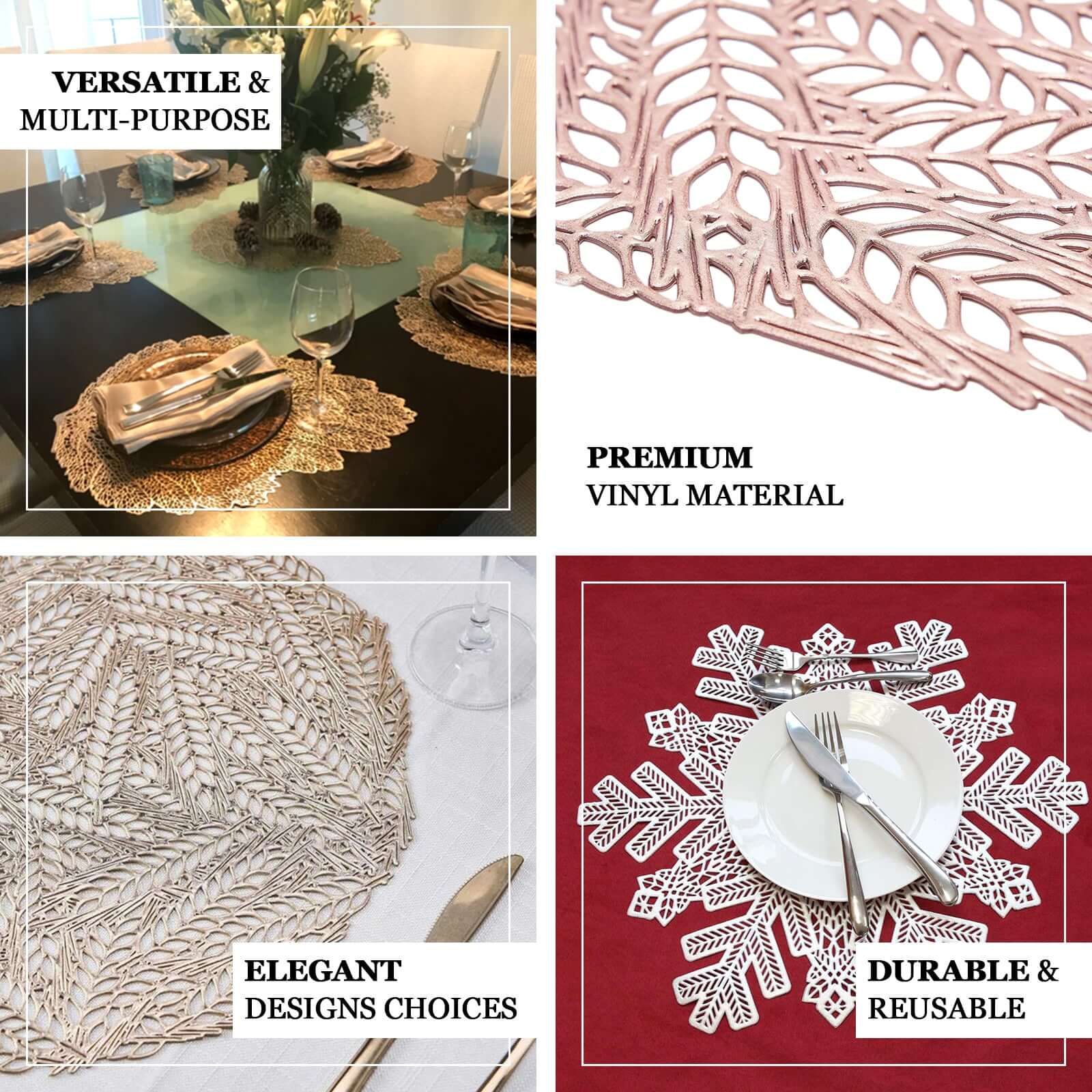 6-Pack Table Mats Wheat Design Rose Gold - Vinyl Rectangle Non-Slip Surface for Stylish Settings 12"x18"