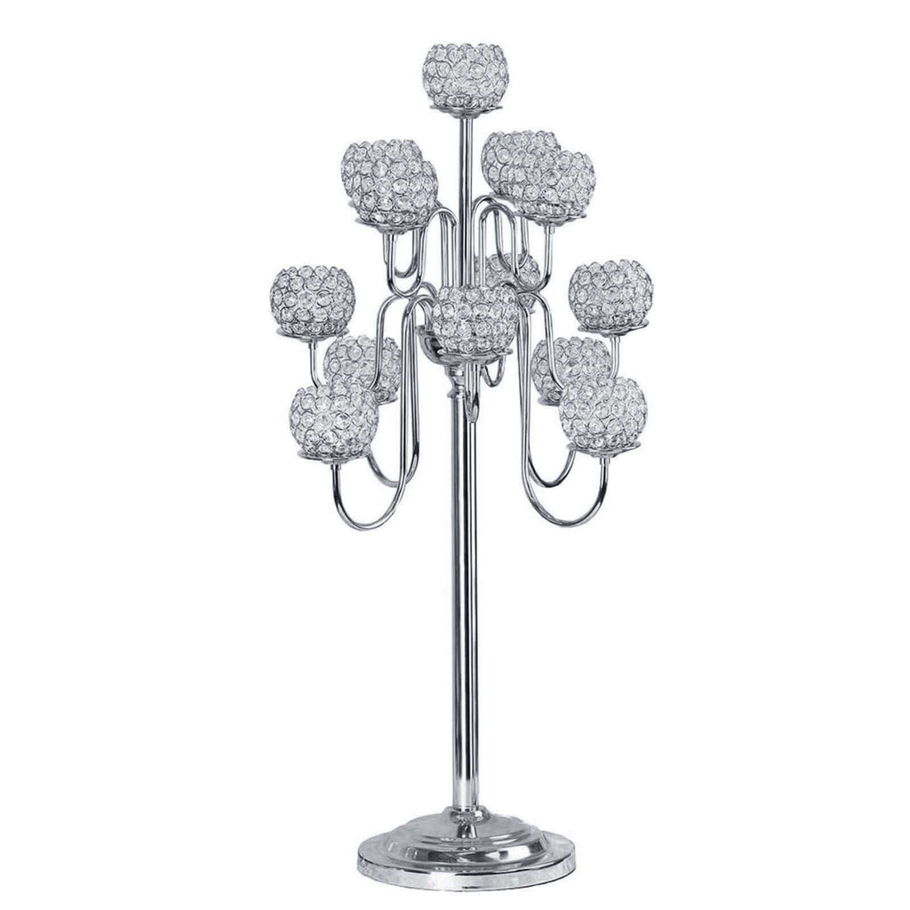 Metal Crystal Beaded Candelabra Silver 13 Arm Design - Table Centerpiece for Events 40"