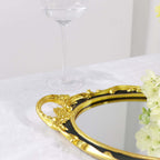 Resin Mirrored Vanity Oval Serving Tray 14"x10" in Black with Metallic Gold Baroque Design, Stylish Decorative Vanity Tray Centerpiece