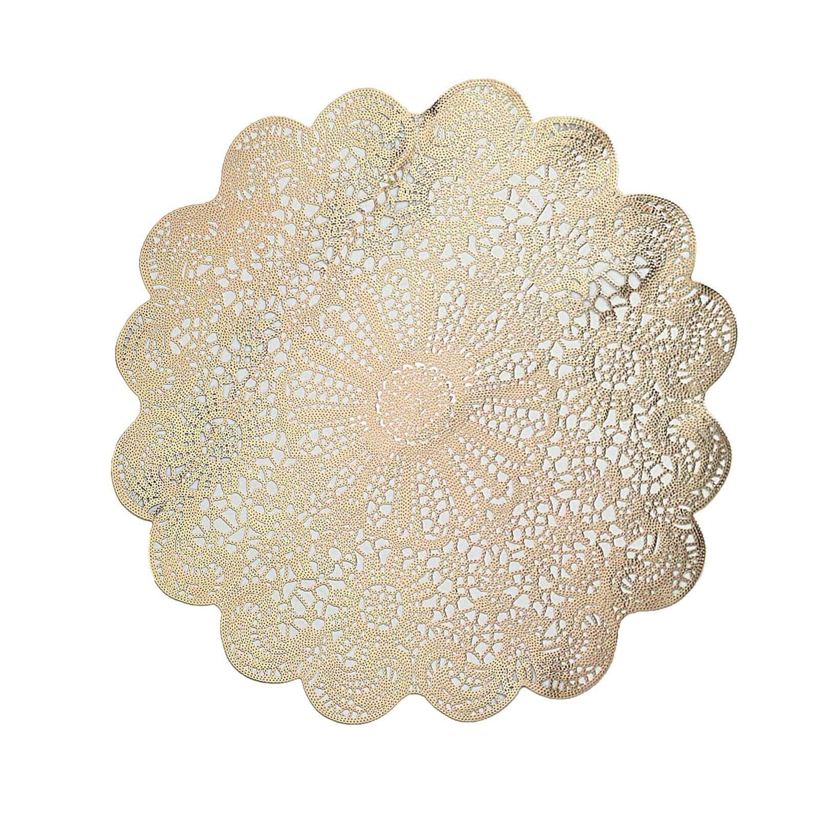 6-Pack Dining Table Mats Floral Lace Design Gold - Vinyl Non-Slip Surface with Vintage Appeal 15"