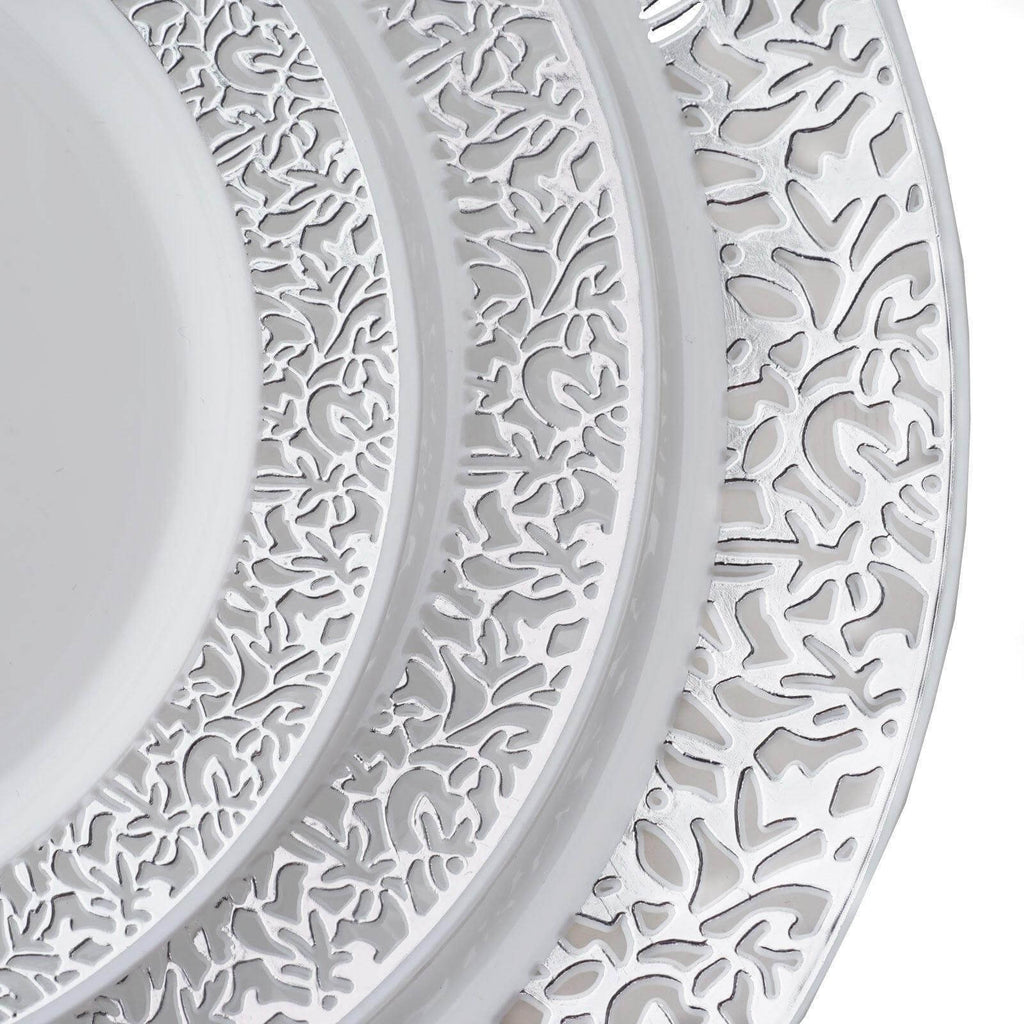 10-Pack Dessert Plates Lace Rim Design White with Silver - Plastic Disposable Appetizer Plates for Events 6"