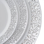 10-Pack Dessert Plates Lace Rim Design White with Silver - Plastic Disposable Appetizer Plates for Events 6"