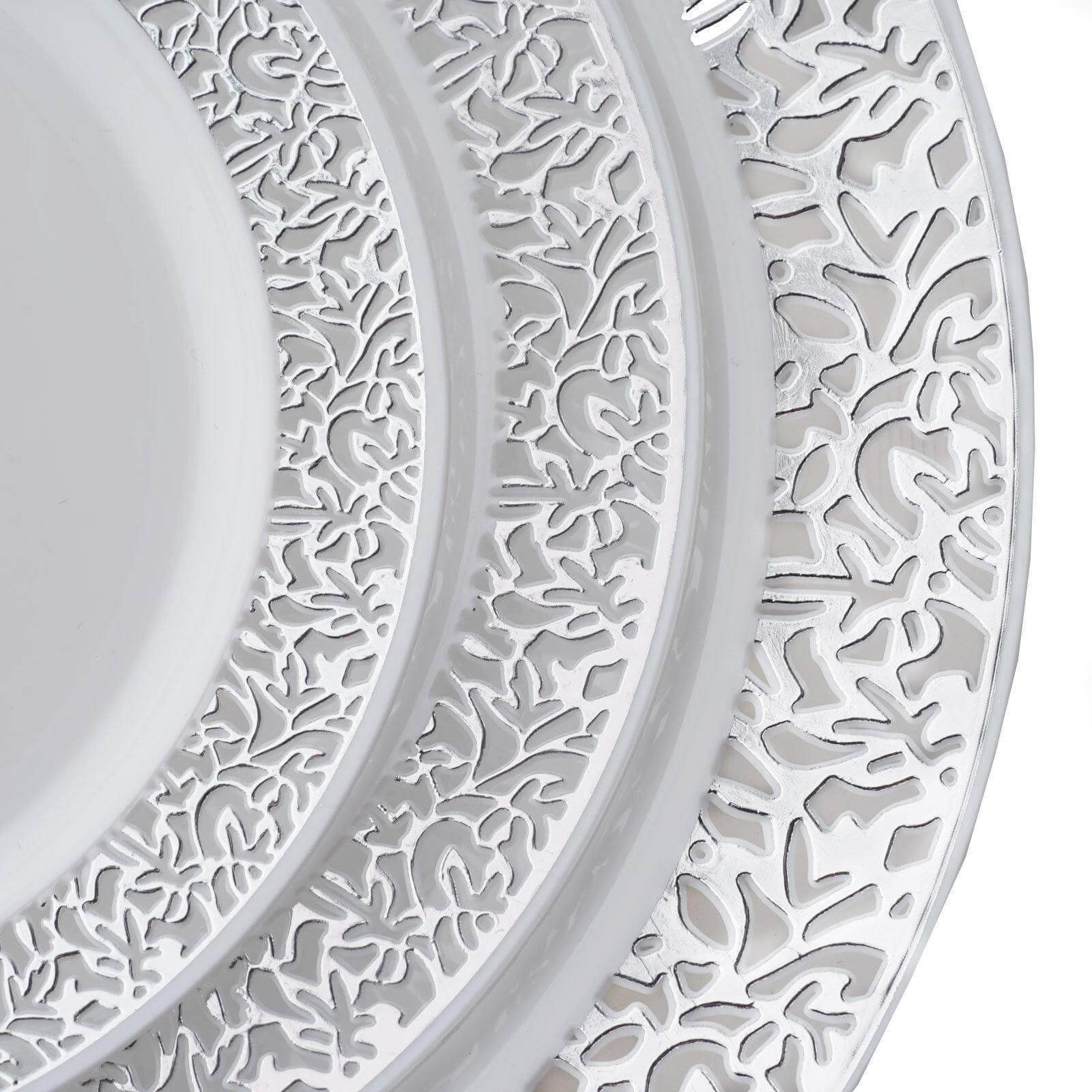 10-Pack Dessert Plates Lace Rim Design White with Silver - Plastic Disposable Appetizer Plates for Events 6"